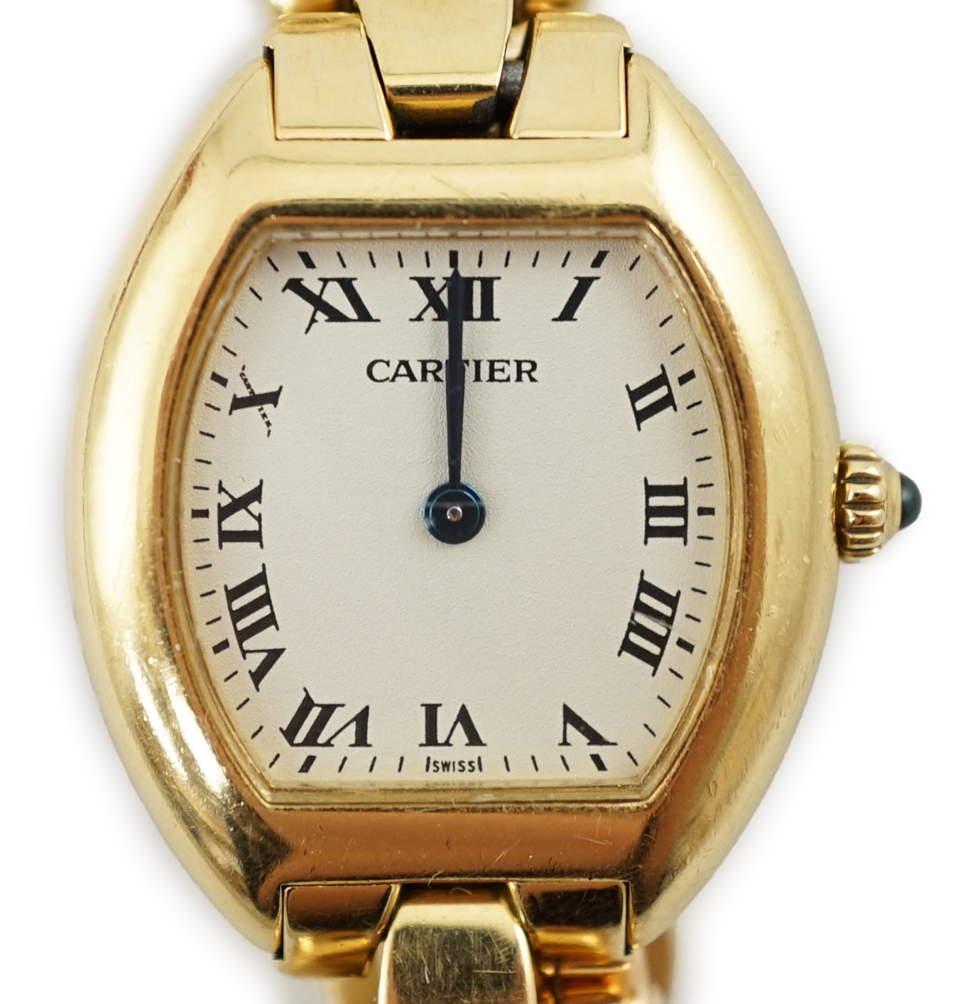 A lady's late 1990's? 18k gold Cartier quartz wrist watch, on an 18 k gold Cartier bracelet